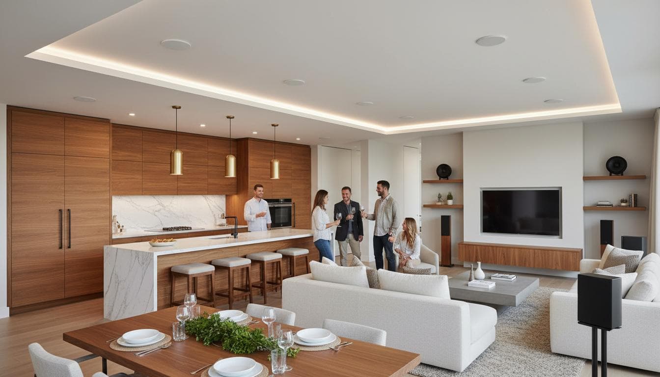 Open-concept Calgary kitchen and living space with in-ceiling audio