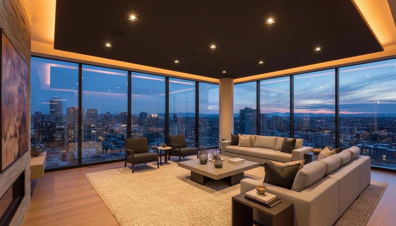 Calgary living room with Lutron lighting control and motorized shades