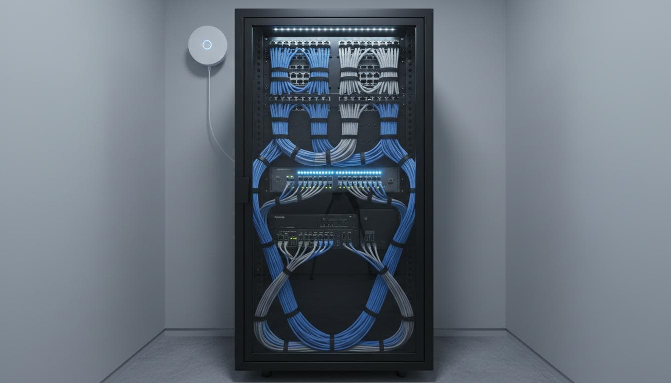Structured wiring and network equipment in a labelled rack in a Calgary home