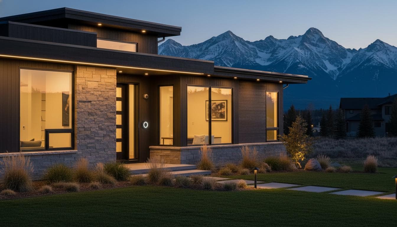 Calgary home at dusk with a video doorbell and exterior security camera at the entrance