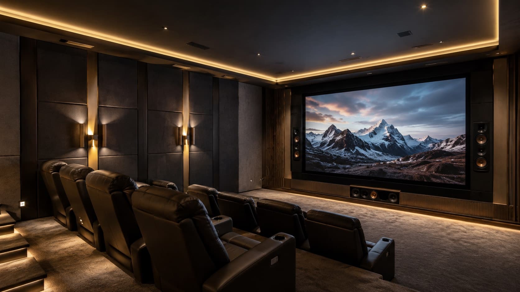 Dedicated home theatre with tiered seating and a large screen in a Calgary home